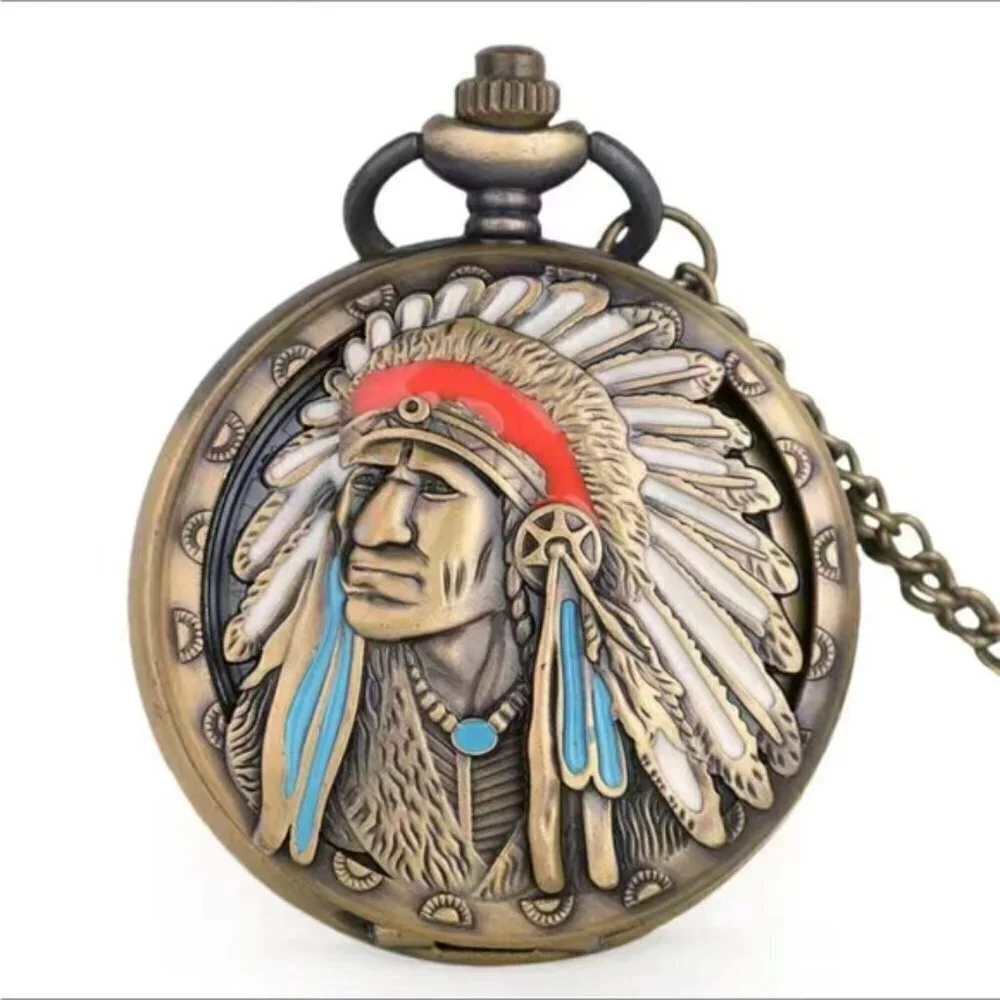 Pocket Watch Native American Traditional Headdress Hinged Flip Open Chain Pouch
